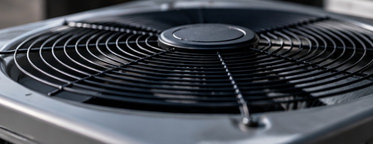 Close-up of an outdoor condenser fan assembly